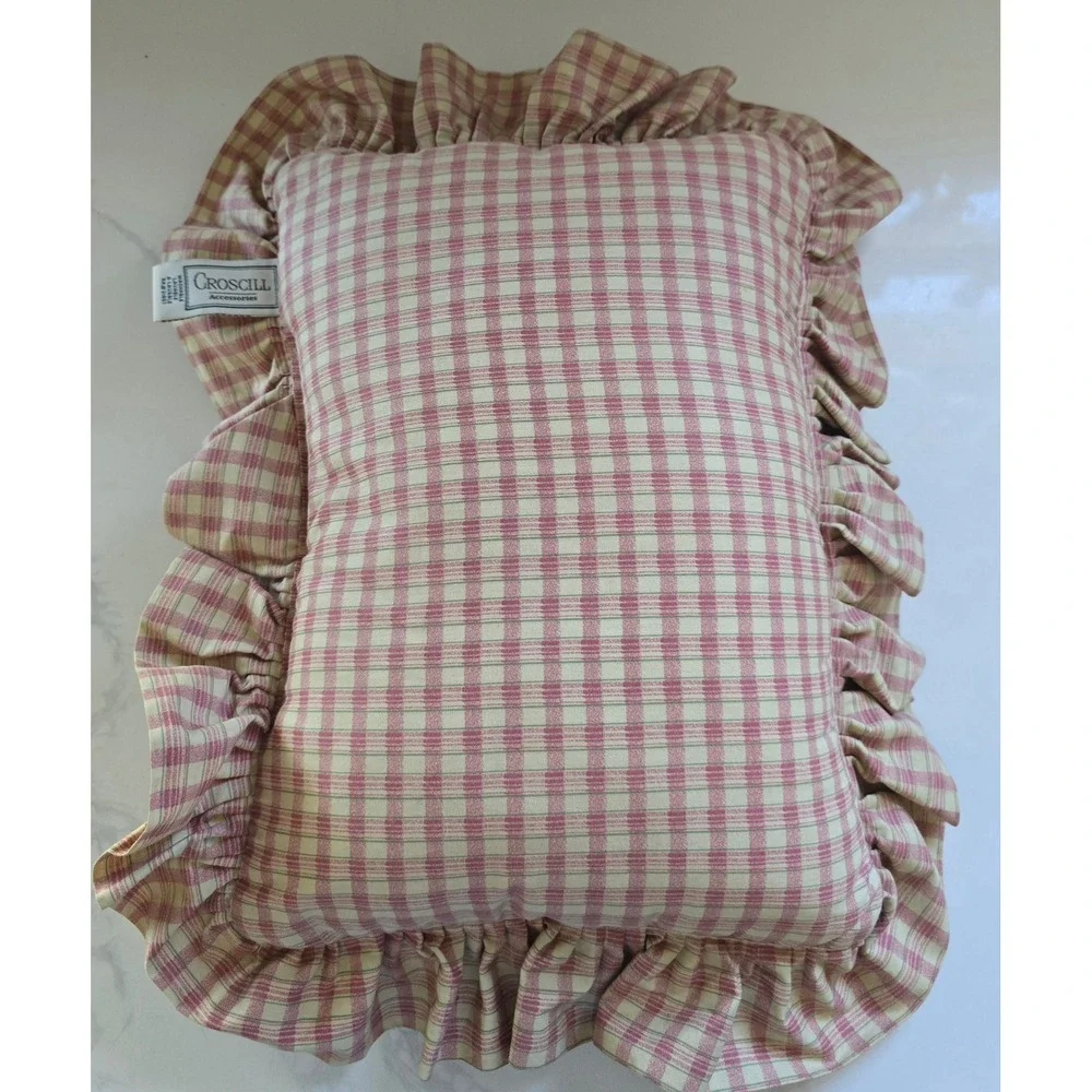 Croscill Plaid Ruffled Throw Pillow Red Green Cream Country Cottage Made in USA